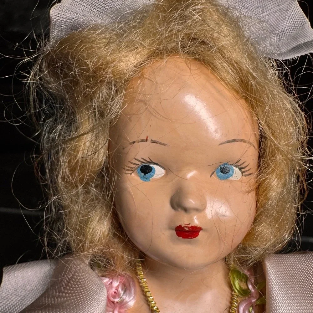 Vintage Composition Doll Pink Satin‎ Gown Floral Embroidery 7.5 Inch Blue Eyes